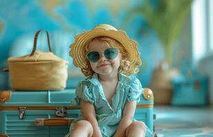 AI generated little girl sitting in front of suitcase with sunglass and hat photo