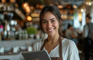 AI generated female employee holding tablet computer in dining room photo
