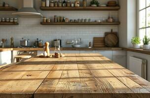 AI generated kitchen countertop background or interior kitchen in white with wooden countertop at the heart of modern kitchen photo