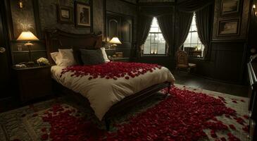 AI generated love in the morning hotel hotel black petals on the bed photo