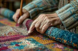 AI generated hand stitching the edges of the loom crocheted rug, photo