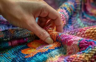 AI generated hand stitching the edges of the loom crocheted rug photo