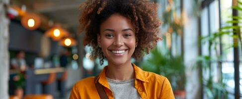 AI generated happy working woman holds smart phone while smiles at camera photo