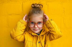 ai generado pequeño niña posando con lentes foto