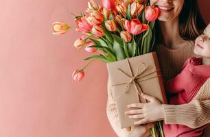 ai generado amoroso madres con regalos con tulipanes y ramo de flores foto