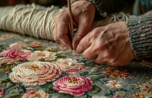 AI generated hand stitching the edges of the loom crocheted rug photo
