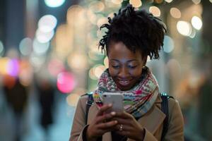 ai generado contento africano americano mujer participación su teléfono inteligente fuera de foto