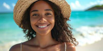 AI generated happy african american woman in hat on the beach photo