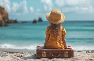 AI generated little girl sitting on a suitcase next to ocean photo