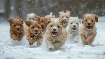 AI generated many puppies playing in the snow photo