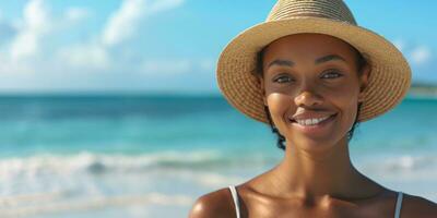 AI generated happy african american woman in hat on the beach photo