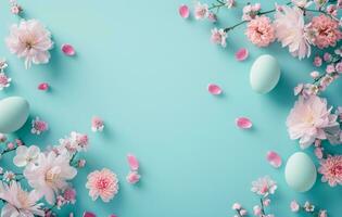 AI generated pastel eggs with flowers on a light blue background photo
