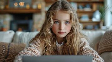 AI generated nice 11-years old girl with laptop in the room photo