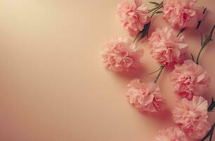 AI generated pink carnations arrange to the edge of the frame photo