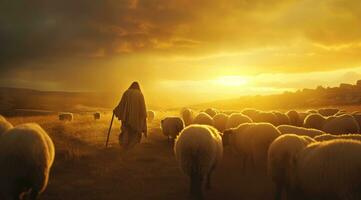 AI generated jesus is standing in the middle of sheep photo