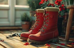 AI generated red boots and gardening gloves on wood floor, red and beige garden scissors photo