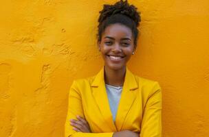 AI generated happy woman wearing yellow blazer, smiling with arms crossed photo