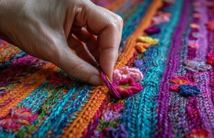 AI generated hand stitching the edges of the loom crocheted rug photo