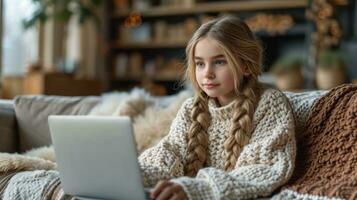 ai generado bonito 11 años antiguo niña con ordenador portátil en el habitación foto