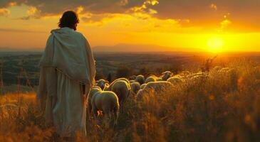 ai generado Jesús soportes en un manada con corderos mirando a el puesta de sol foto