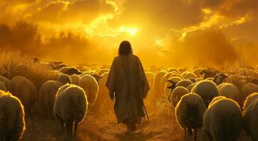 ai generado Jesús en pie en contra un antecedentes de oveja en el medio de el pasto foto