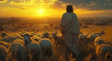 ai generado Jesús soportes en un manada con corderos mirando a el puesta de sol foto