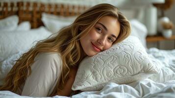 AI generated photo of a smiling wonderful blond girl embracing her white big pillow