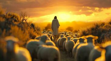 ai generado Jesús es en pie en el medio de oveja foto