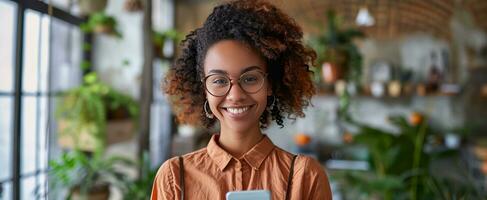 AI generated happy working woman holds smart phone while smiles at camera photo