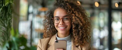 AI generated happy working woman holds smart phone while smiles at camera photo