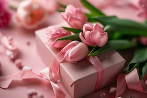 AI generated pink gift box  pink tulips photo