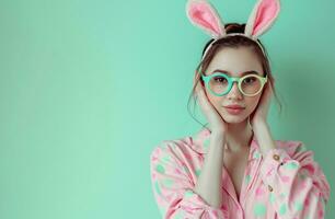 AI generated photo of woman wearing easter rabbit headband with ears and looking through glasses