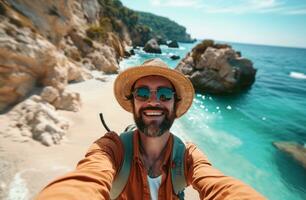 AI generated person taking selfie by beach on a hat and straw hat photo