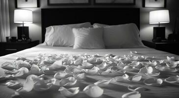 AI generated rose petals in bed on honeymoon photo