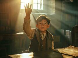 AI generated schoolboy waving for the camera in classroom ad photo