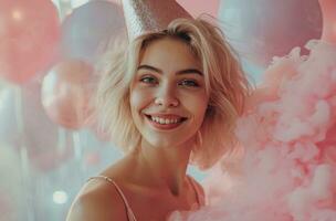 AI generated smiling young blonde woman wearing a party hat blowing smoke photo