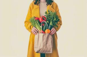 ai generado imagen de un mujer participación un tienda de comestibles bolso lleno con frutas y vegetales y compras para comestibles foto