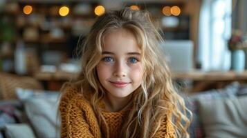 AI generated nice 11-years old girl with laptop in the room photo