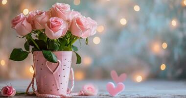 AI generated pink roses decorated in pink vase with love heart photo