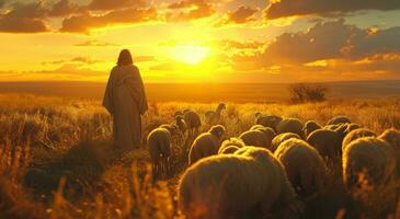 ai generado Jesús soportes en un manada con corderos mirando a el puesta de sol foto