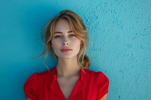 AI generated professional businesswoman in red, posing in front of the blue wall photo