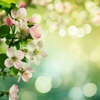 AI generated spring advertisment natural nackground with flowers, bokeh lights and copy space photo