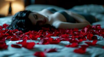 AI generated rose petals in bed on honeymoon photo