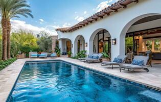 ai generado Scottsdale hogar presentando un piscina con un patio y salón sillas en el sombra foto