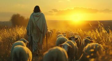 ai generado Jesús soportes en un manada con corderos mirando a el puesta de sol foto