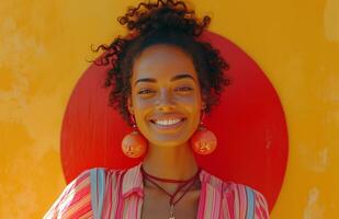 AI generated smiling young woman wearing pink next to a circular red ring as well as a yellow background photo