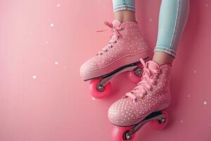 AI generated pink roller skates on pink background with white polka dots photo