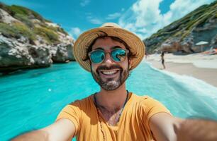 AI generated person taking selfie by beach on a hat and straw hat photo