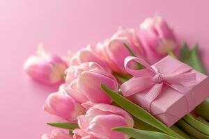 ai generado rosado regalo caja rosado tulipanes foto