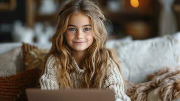 AI generated nice 11-years old girl with laptop in the room photo